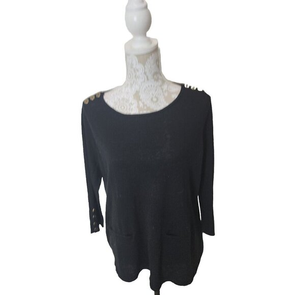 Gretchen Scott Sweater Black 3/4 Sleeve Pockets Gold Buttons Women's Medium - Picture 1 of 8